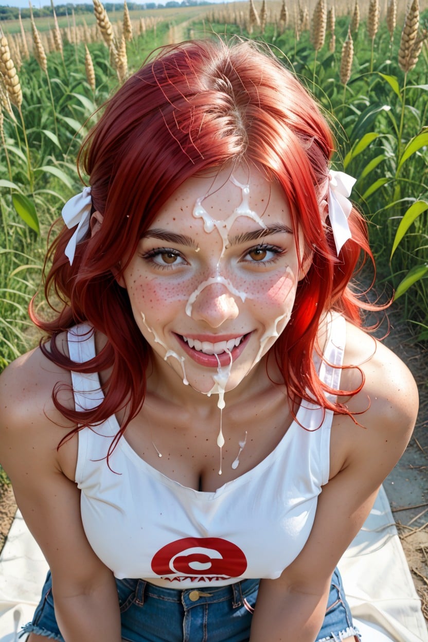 Cum Everywhere, Red Hair Ribbon, Cutoff Jeans AI Porn