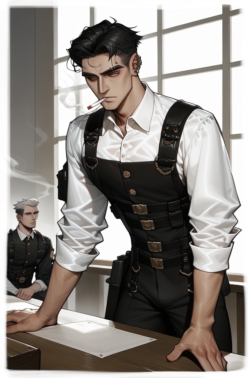 Noir Atmosphere, Wearing Rumpled White Shirt, Deep Set Eyes Hentai AI Porn