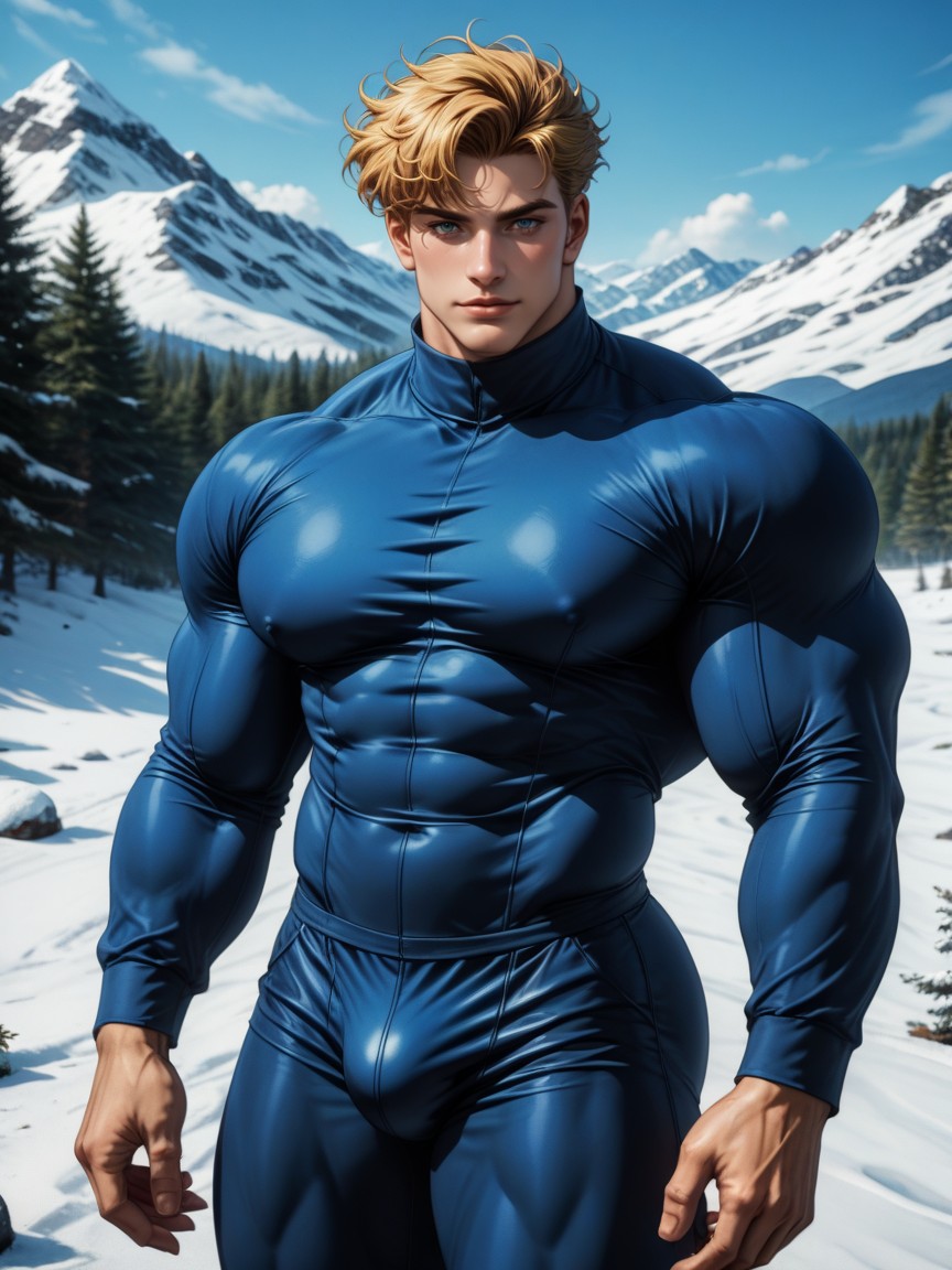 Standing, Snowy Mountain, Oversized Muscles AI Gay Porn