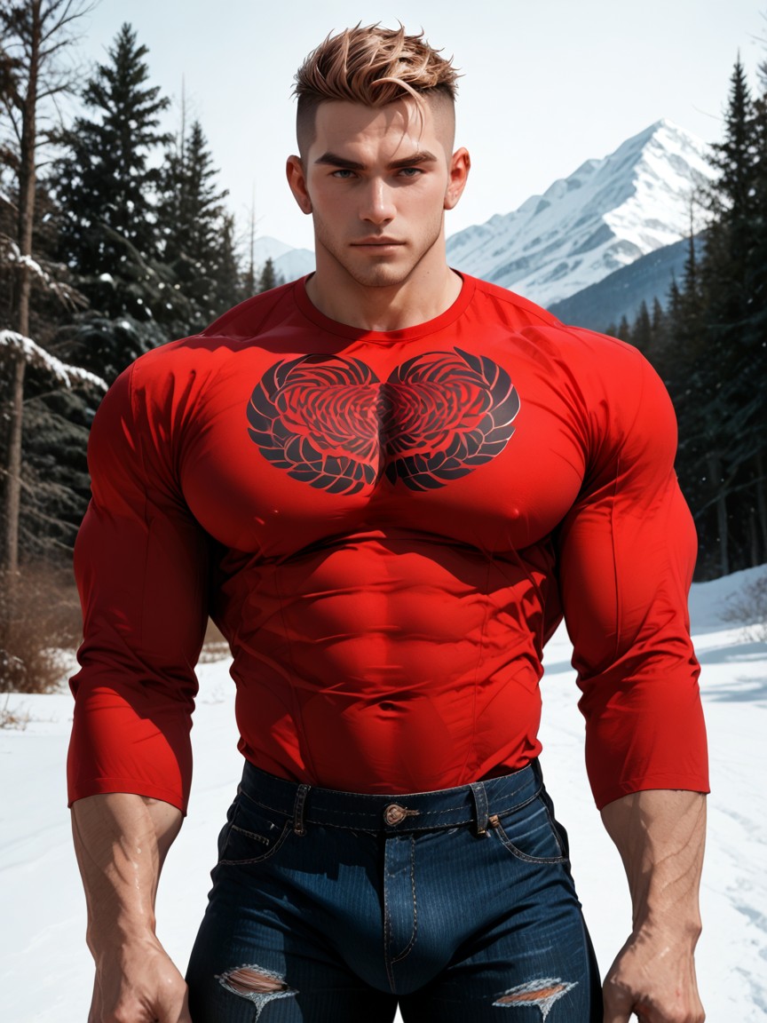 Massive Growing Biceps, Huge Pecs, Snowy Pine Trees AI Gay Porn