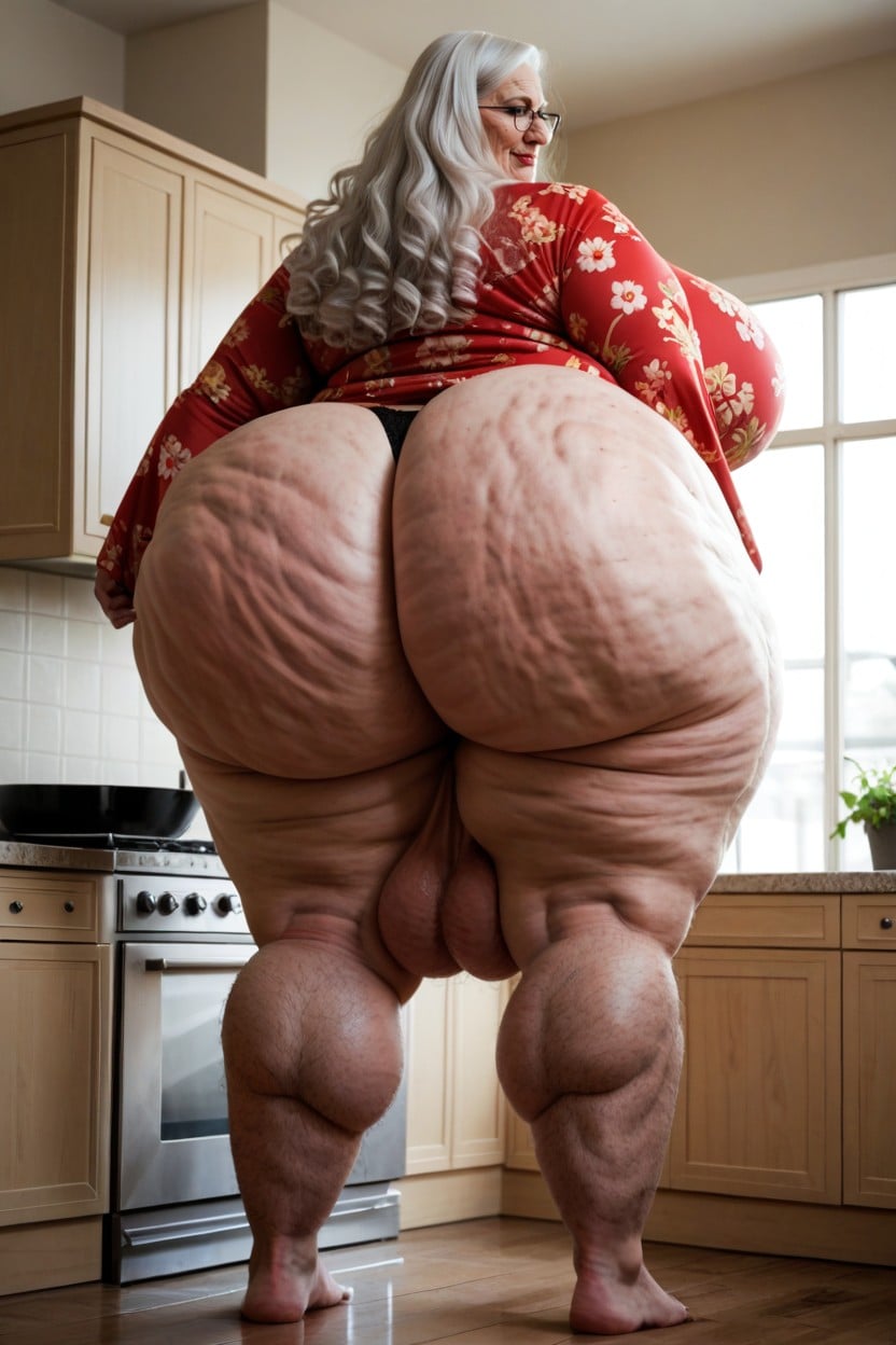Hyper Length Legs Hyper Testicals, Standing In Beautiful Kitchen, Cellulite Legs AI Porn
