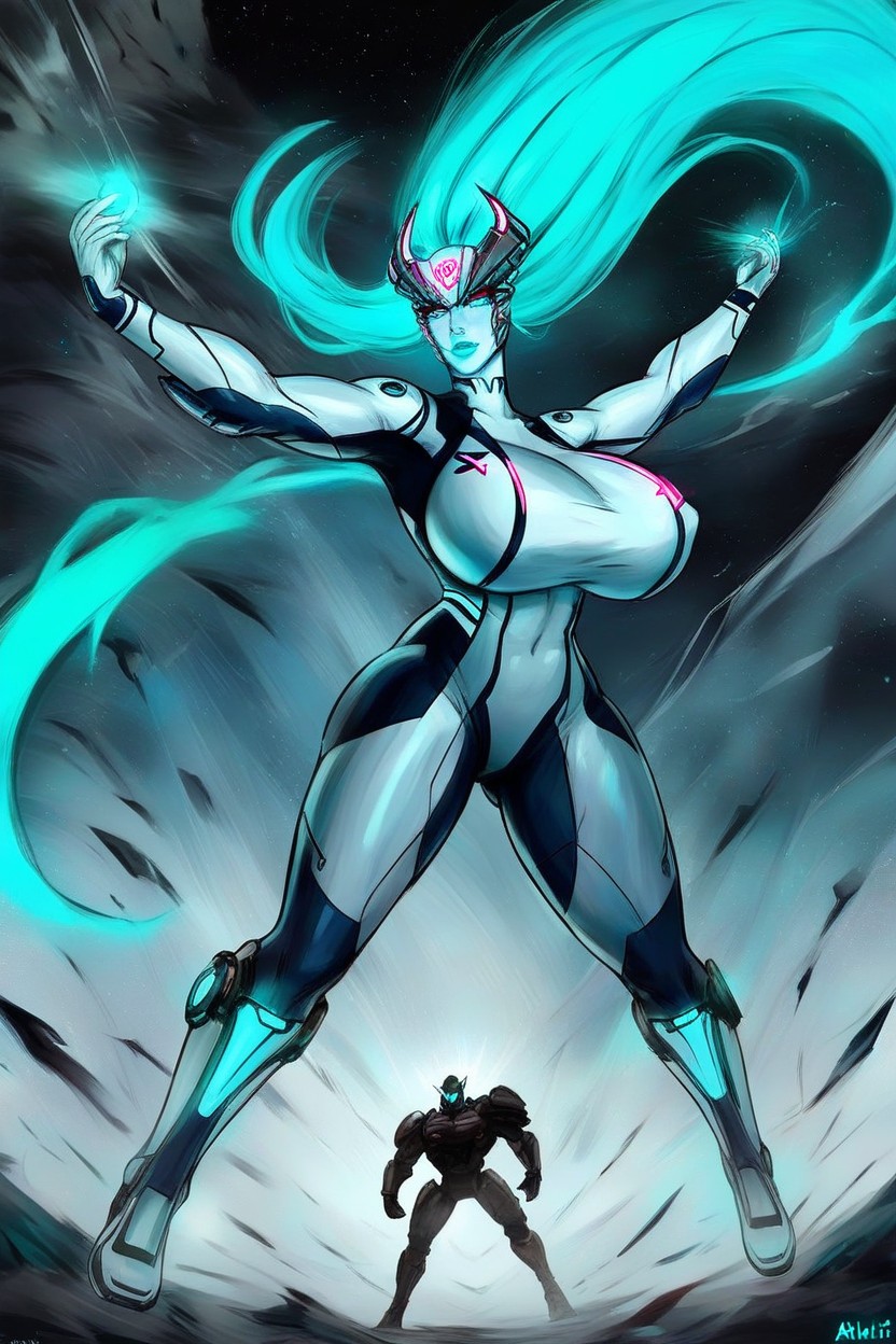 Alien Planet, Long Glowing Neon Aqua Hair Pulled Back Into One Ponytail, Front View AI Porn