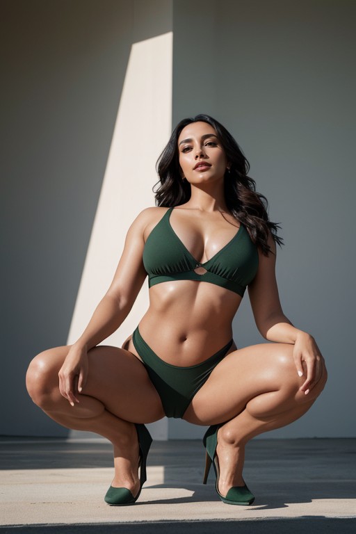 A Venezuelan Woman With Deep Bronze Skin Tone, Fabric Folds In Clothing Emphasize Muscular Compression, 18+ AI Porn