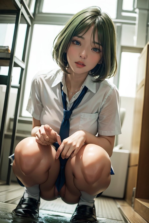 Cheveux Verts, Japanese Woman, Clear Smooth Skin Porno IA Asiatique