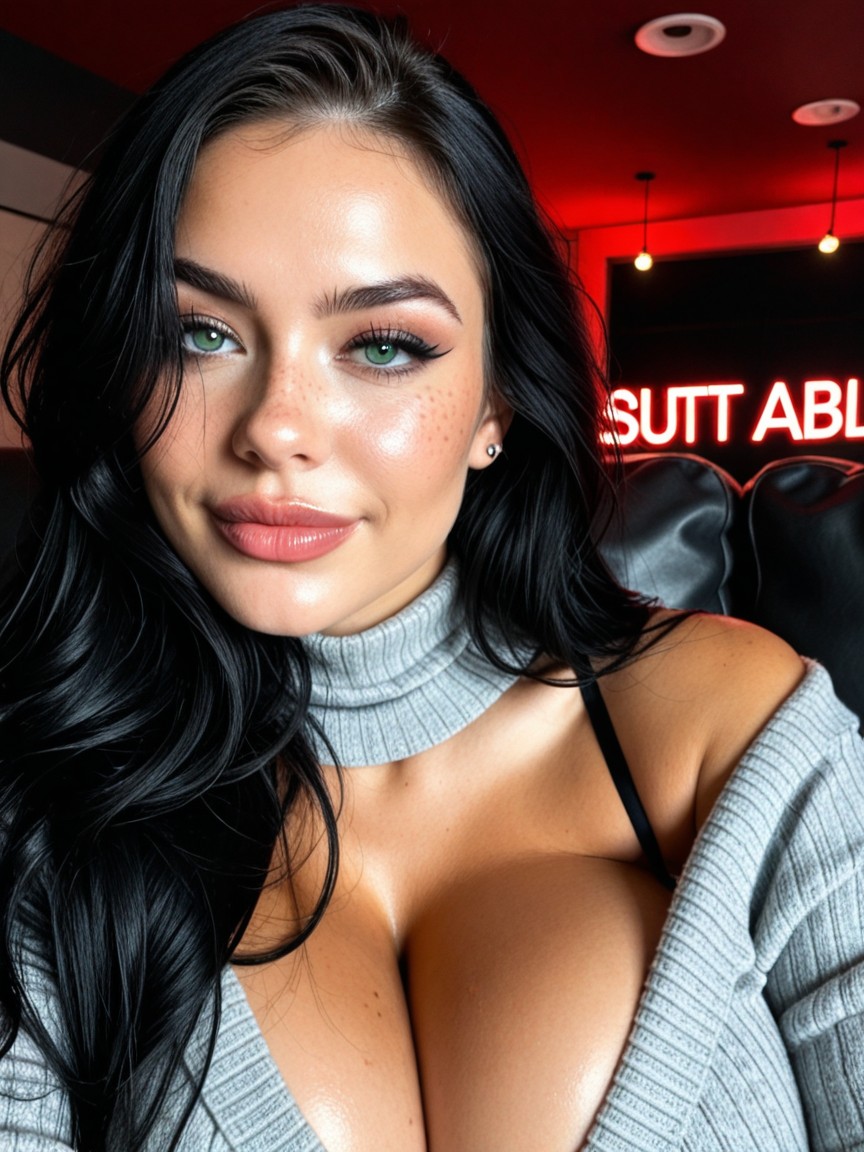 Long Pitch Black Straight Hair, Arched Back, Slightly Low Angle AI Porn