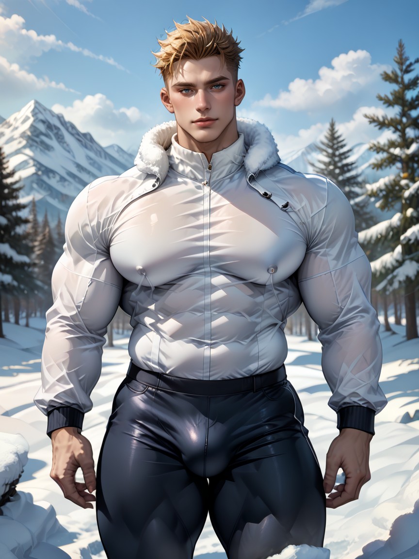 Massive Growing Biceps, Snowy Pine Trees, Smiling Mouth Open AI Gay Porn