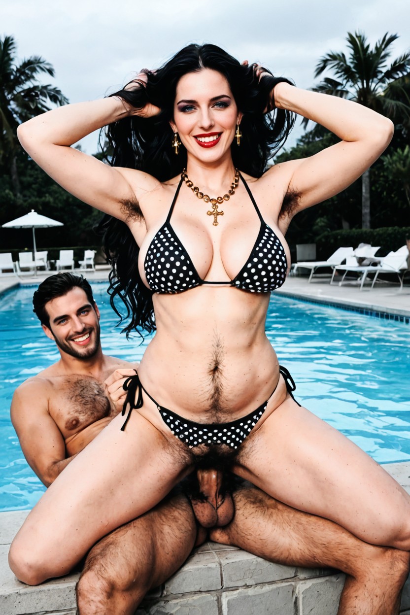 White Heeled Sandals, Excessive Hairy Armpits Visible, Excessive Black Pubes On Thighs AI Porn