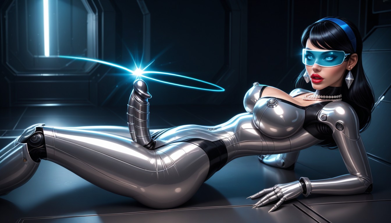 Erect Metallic Nipples, Robot Penis Shooting Laser, Huge Erect Smooth Shiny Metallic Penis With Metallic Tip And Metallic Balls Shemale AI Porn