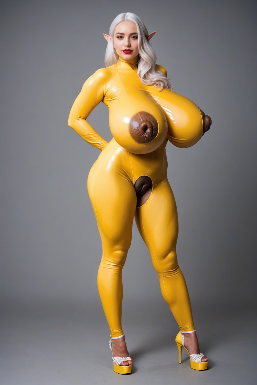 Pinkish White Albino Skin, Full Body, Yellow Bodysuit Porno IA