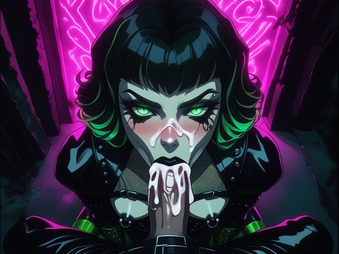 Fingerless Gloves With Metallic Studs, Cock In Mouth, Small Breasts Hentai AI Porn