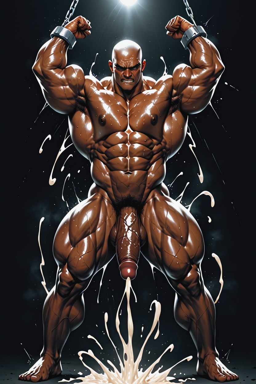 Very Defined Muscles, Arms Restrained By Chains On The Ceiling, Penis Standing Straight Up Vertically AI Gay Porn