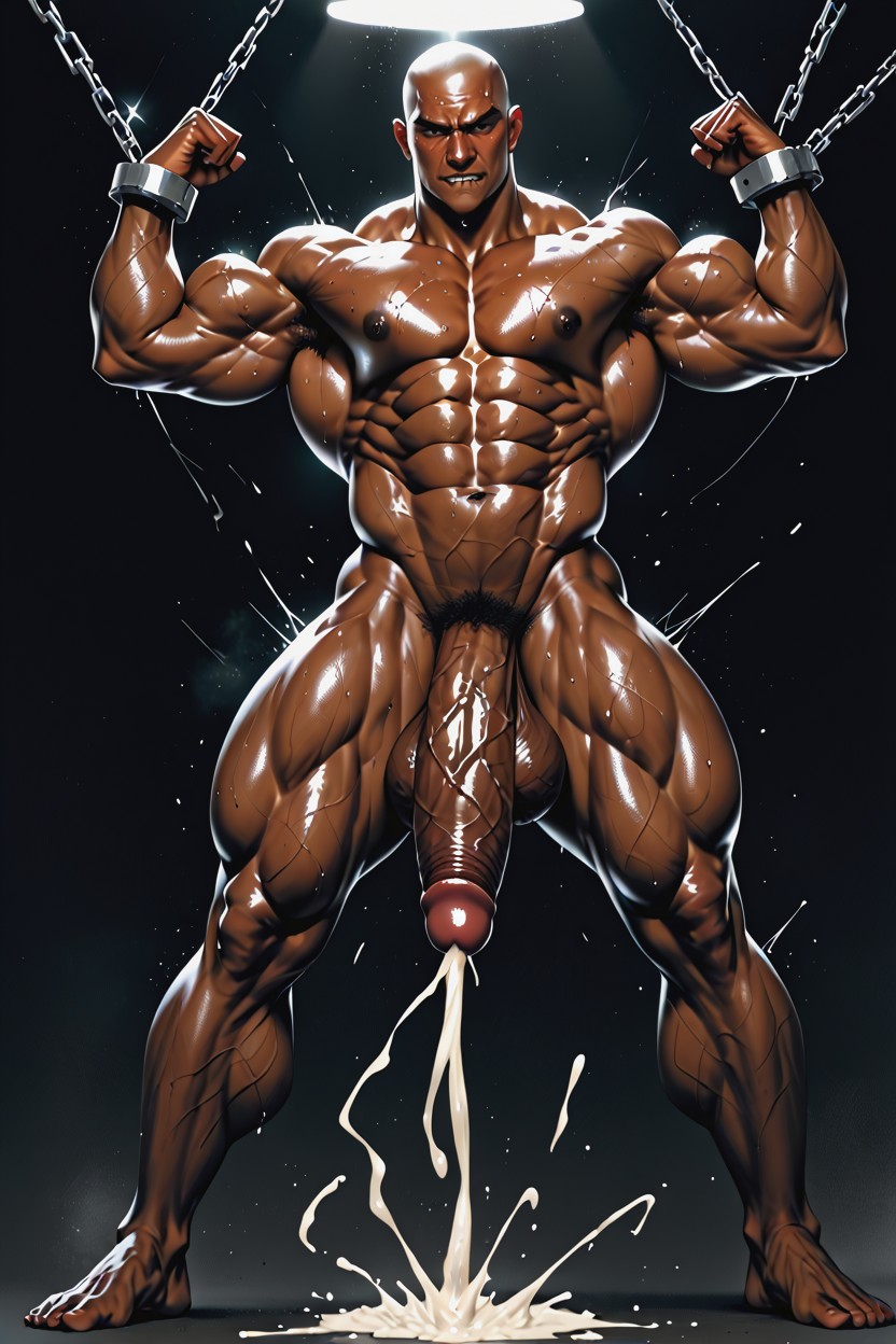 Arms Restrained By Ceiling Handcuffs, Erecting Firm Penis, Full Body AI Gay Porn