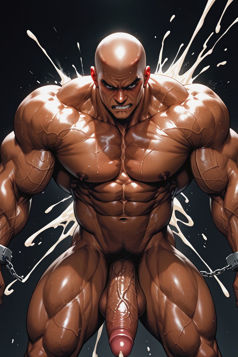 Black Tanned Face, Erecting Firm Penis, Shaved Head AI Gay Porn