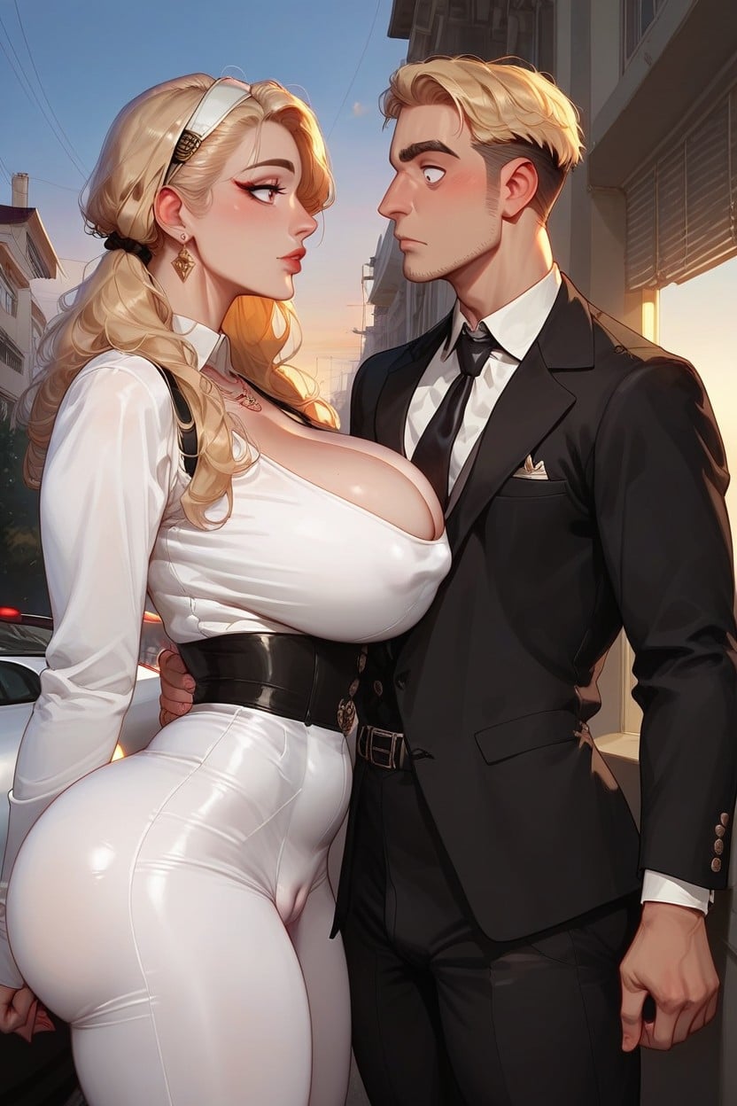 Man Wears Black Suit, Housewife, Side-parting Hair AI Porn