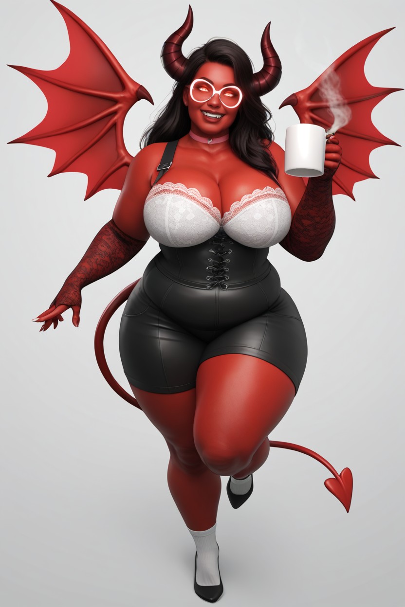 Glowing Eyes, White Lace Bustier, Holding A Cigarette And A Mug Of Coffee AI Porn