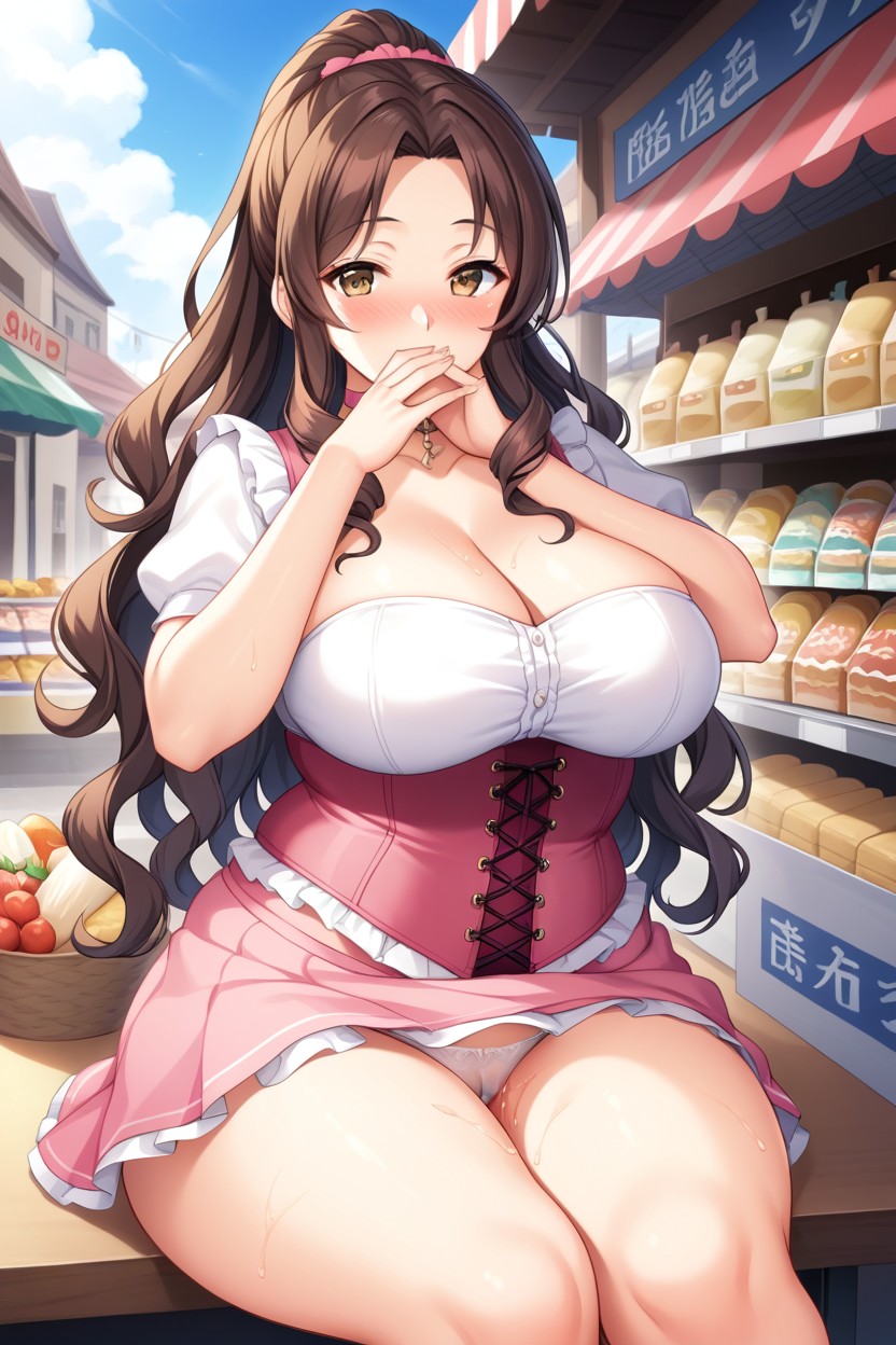 Hand Covering Mouth, Market Square, Anime Eyes Hentai AI Porn
