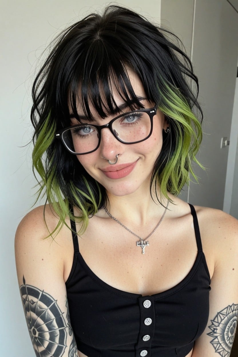 Wearing Glasses, Black Crop Top, Sideswept Bangs AI Porn