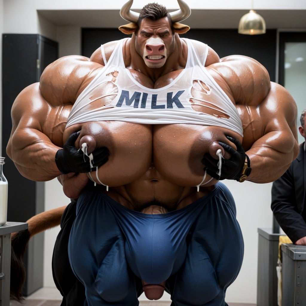 Hyper Pecs, Ripped White Shirt, Cattle Furry Angry Expression ゲイAIポルノ