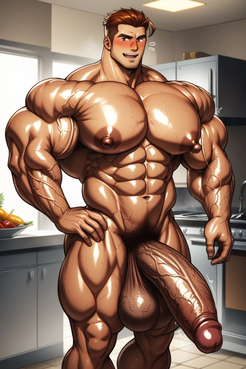 Broad Shoulders, Cock Bigger Than Leg, Throbbing Testicles Pornografia gay com IA