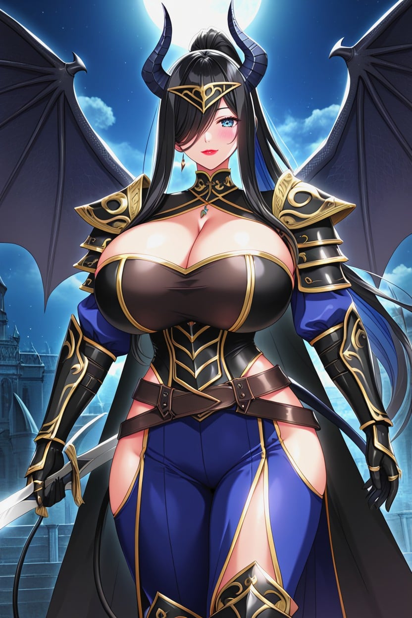 High Ponytail, Blue Scale Mail Chest Armor, Armor AI Porn