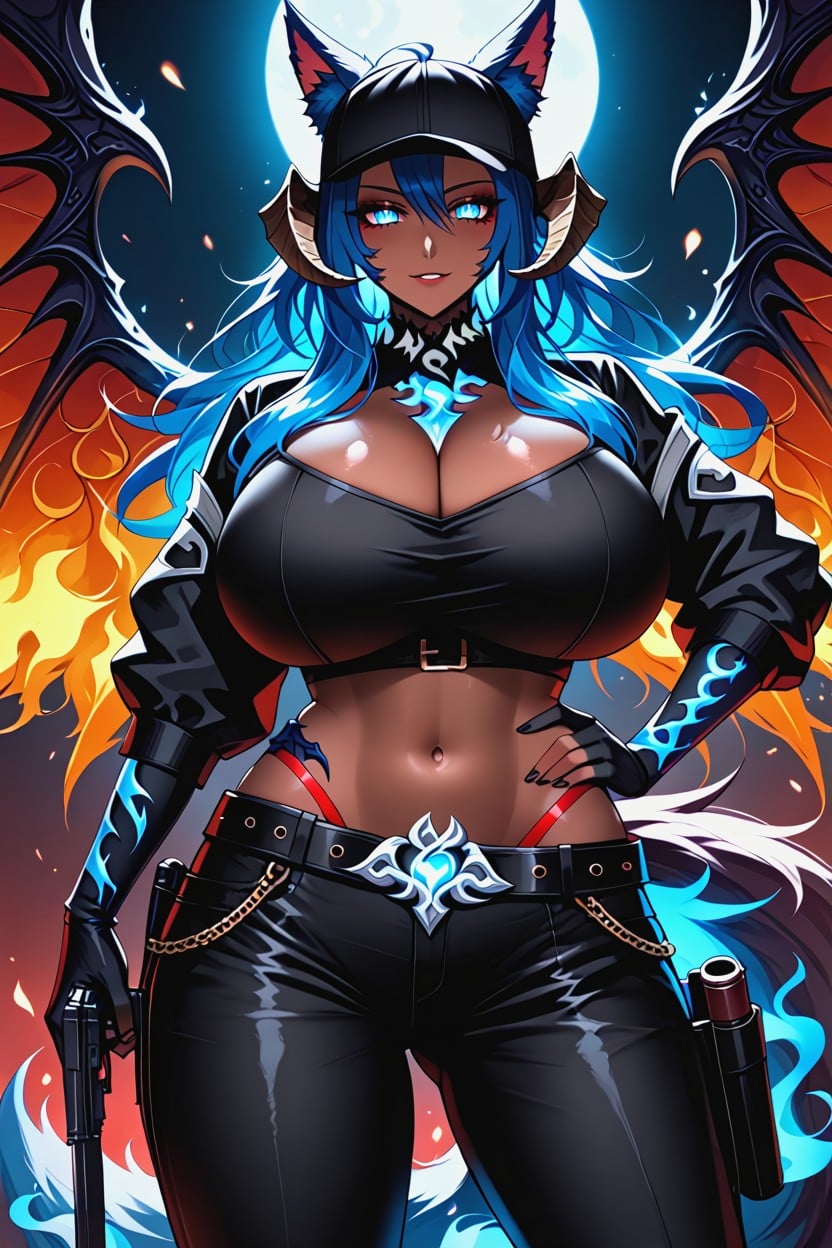 Flaming Shoulder Armor, Pistol On Hip, Fluffy Fur On Neck Ebony AI Porn