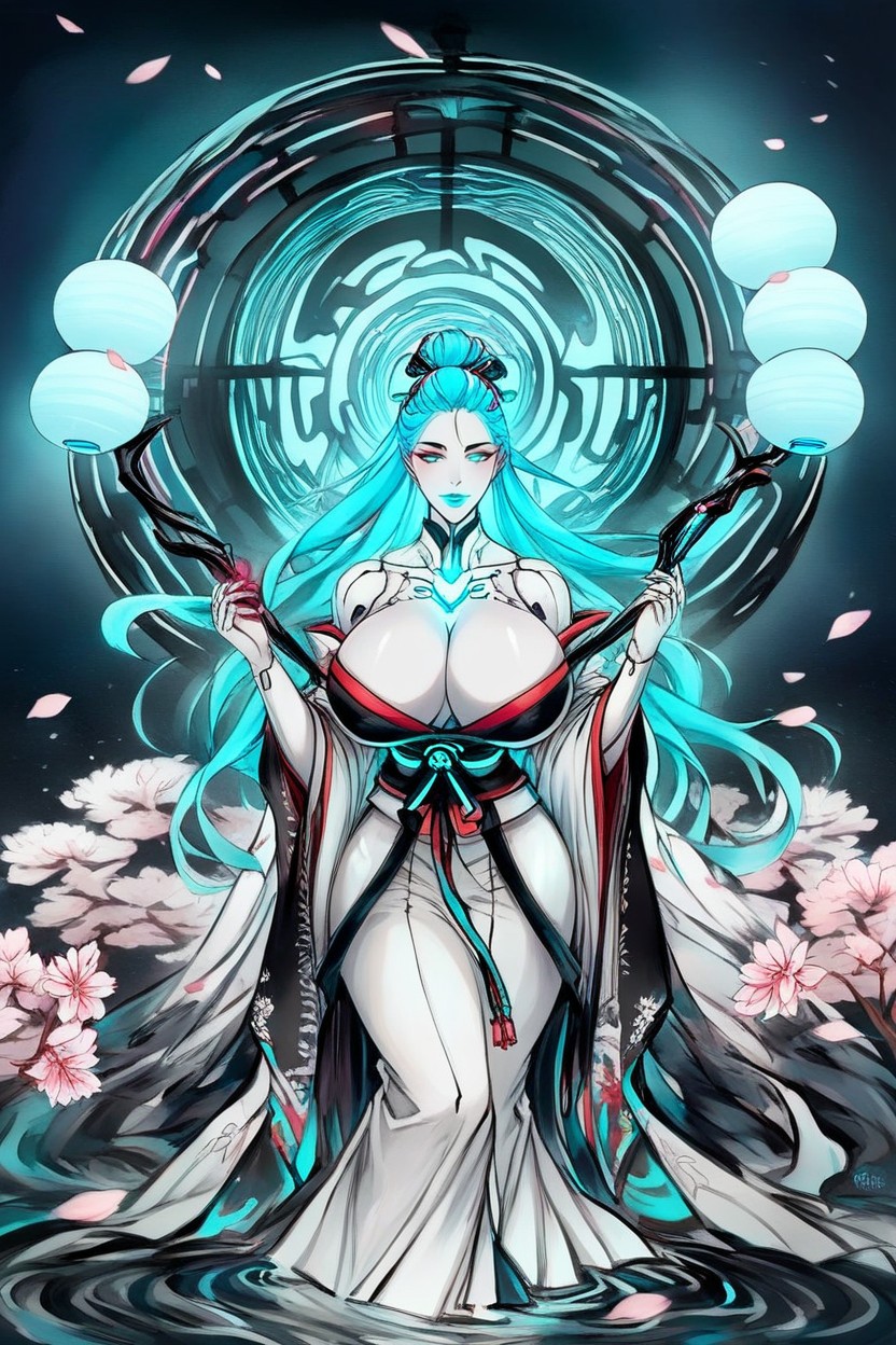 Floating In The Air With Neon Aqua Energy Swirling Around Body, Encircling Body, Neon Aqua Kanji AI Porn