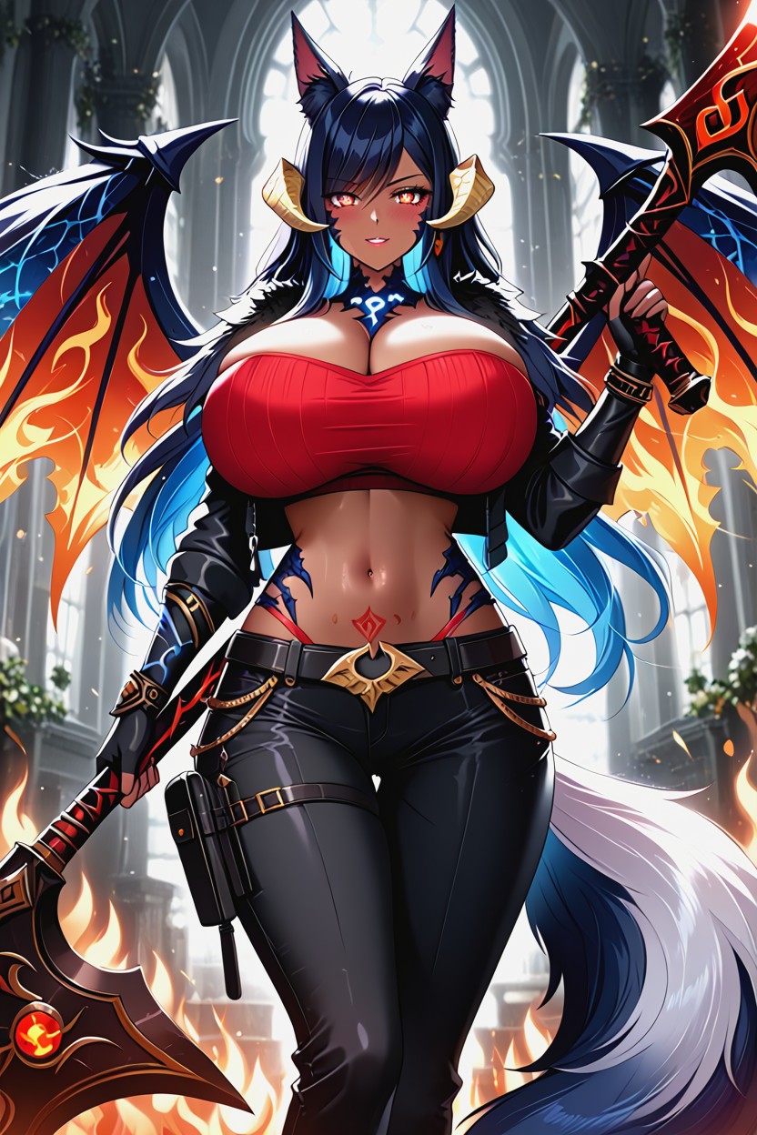 Black Cargo Pants, Blue Fiery Hair, Flaming Dragon Huge Wings Ebony AI Porn
