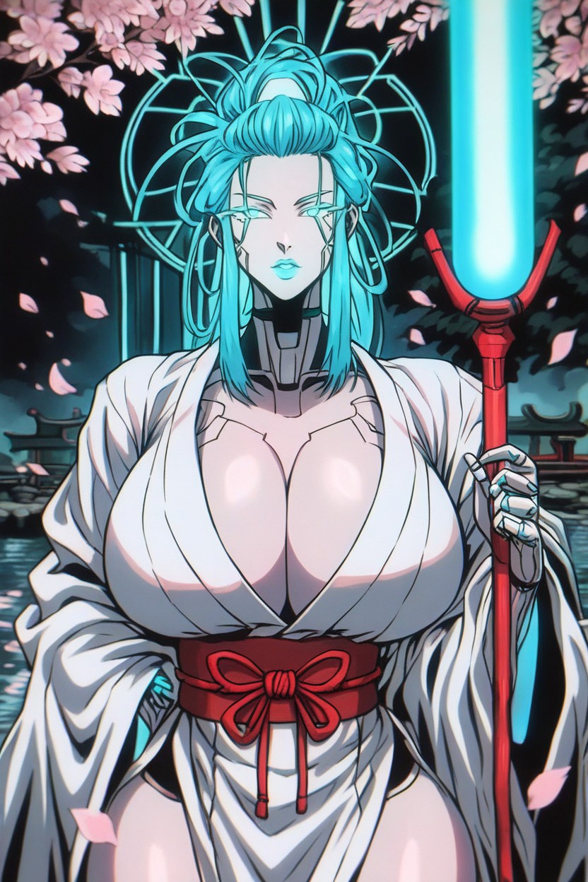 Hyper Detailed Face, Neon Aqua Kanji, Wind Blown Hair Porno IA