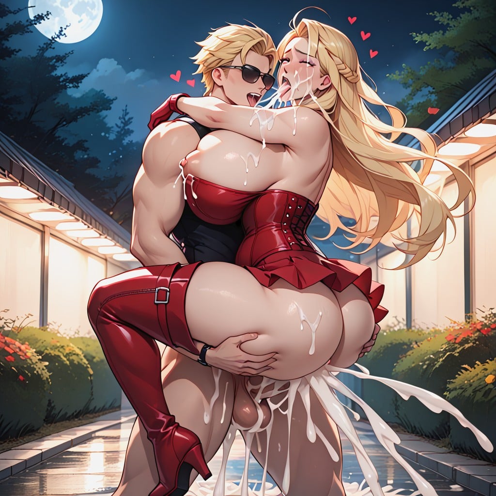 Kneeling, Red Skirt, Blonde Hair Hentai AI Porn