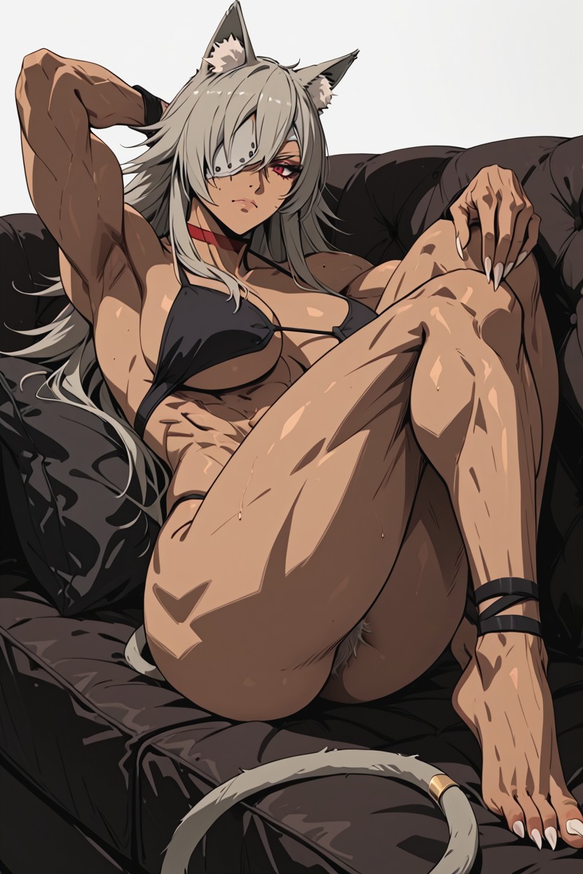 One Leg Up, Dark Brown Skin, Muscular Hentai AI Porn
