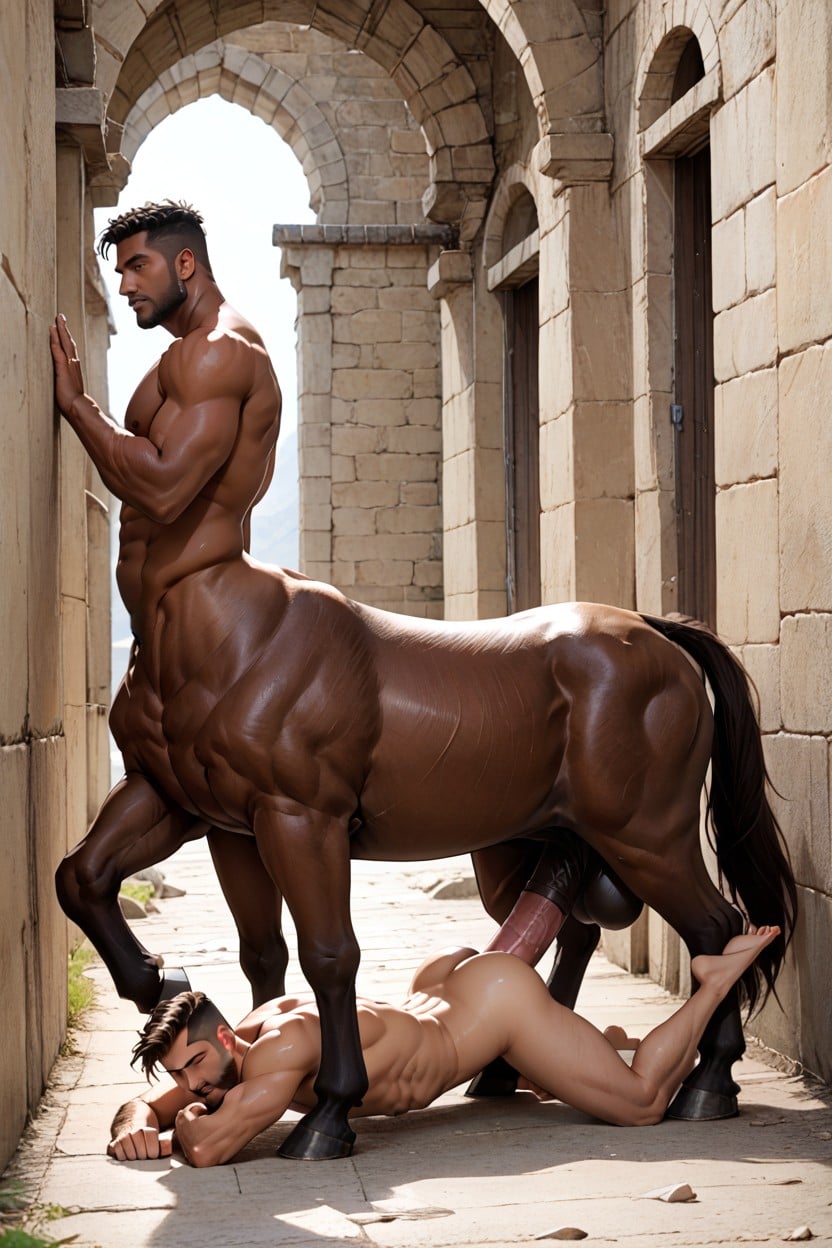 Humantaur With Four Minotaur Legs, Full Buddy, Humantaur Stands Behind Male Human AI同性戀黃片