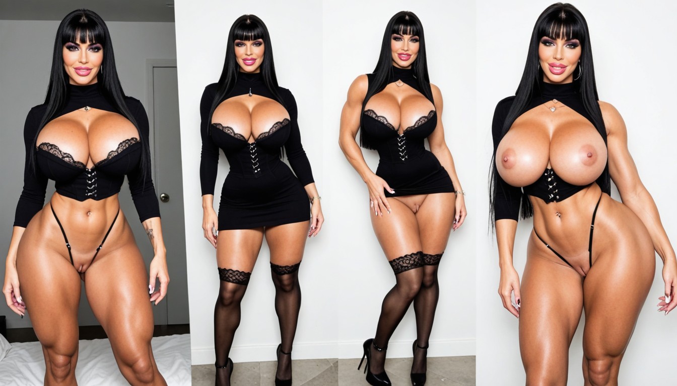 In The Background Is A Gothic Hall, Lace Silk Stockings, Hyper Thick Thighs AI Porn