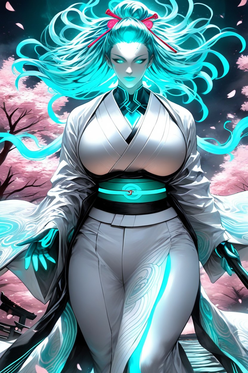 Paper White Skin, Glowing Neon Aqua Accents And Piping Cover The Kimono, Front View AI Porn