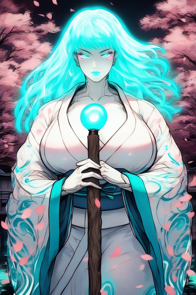 Holding Staff With Glowing Aqua Lantern In Left Hand, Front View, Japanese Wooden Bridge Over River AI Porn