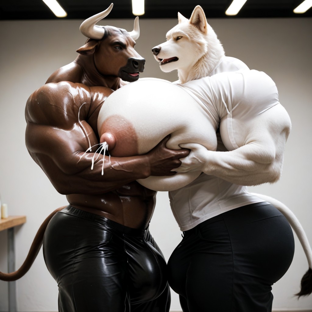 Ripped White Shirt, Husky Furry Grabbing Cattle Furry's Breasts, Black Skin ゲイAIポルノ
