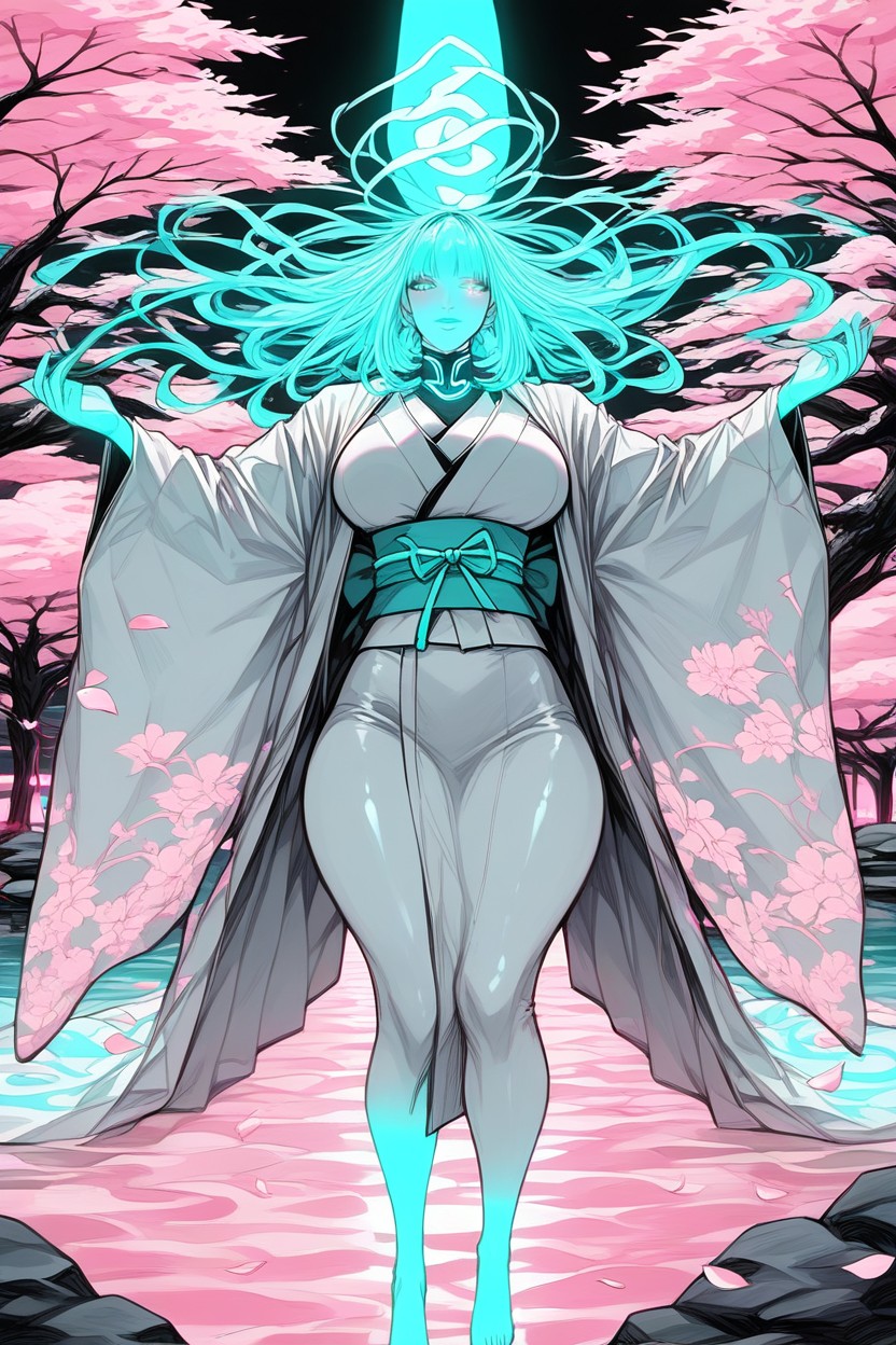 Bubble Butt, Laika Leviathan, Flowing White Kimono With Black Trim Pieces And Neon Aqua Symbols AI Porn
