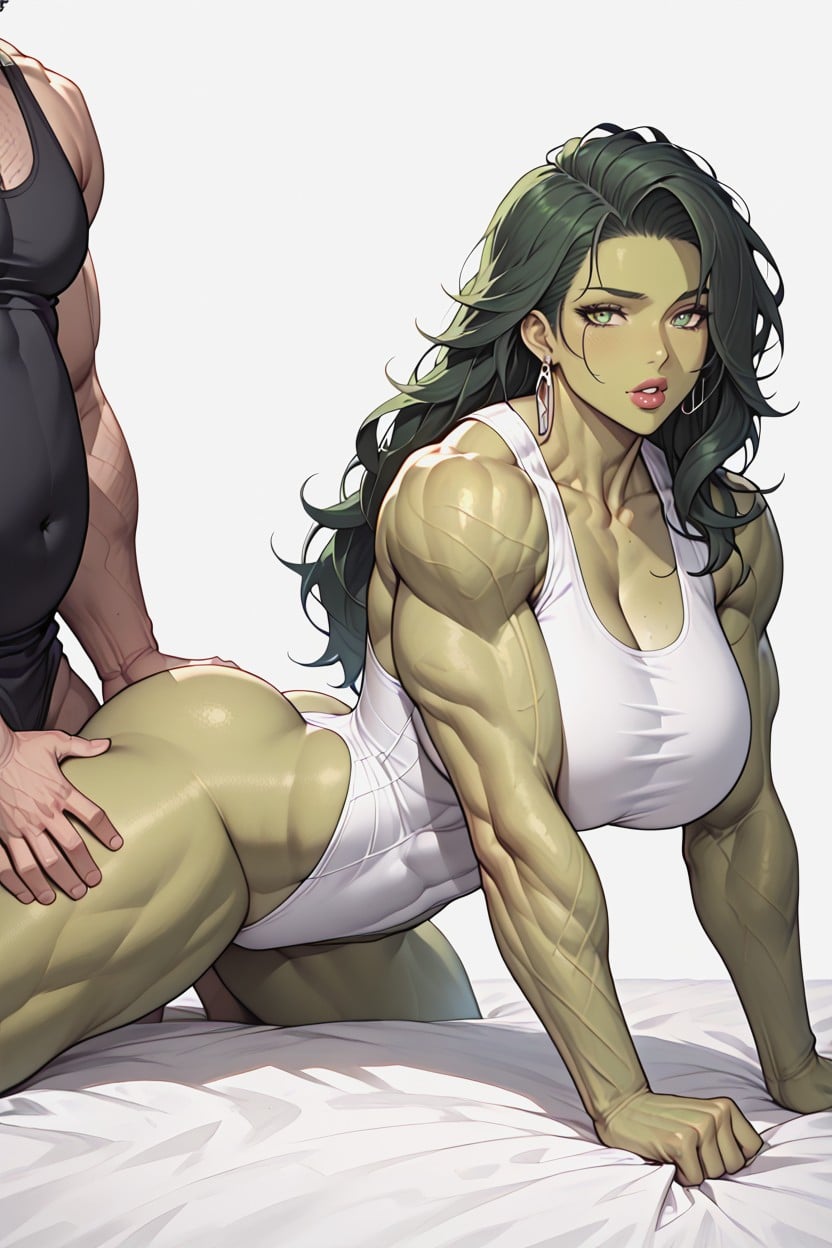 Hyper Muscular Arms, Hourglass Figure, White Background Hentai AI Porn