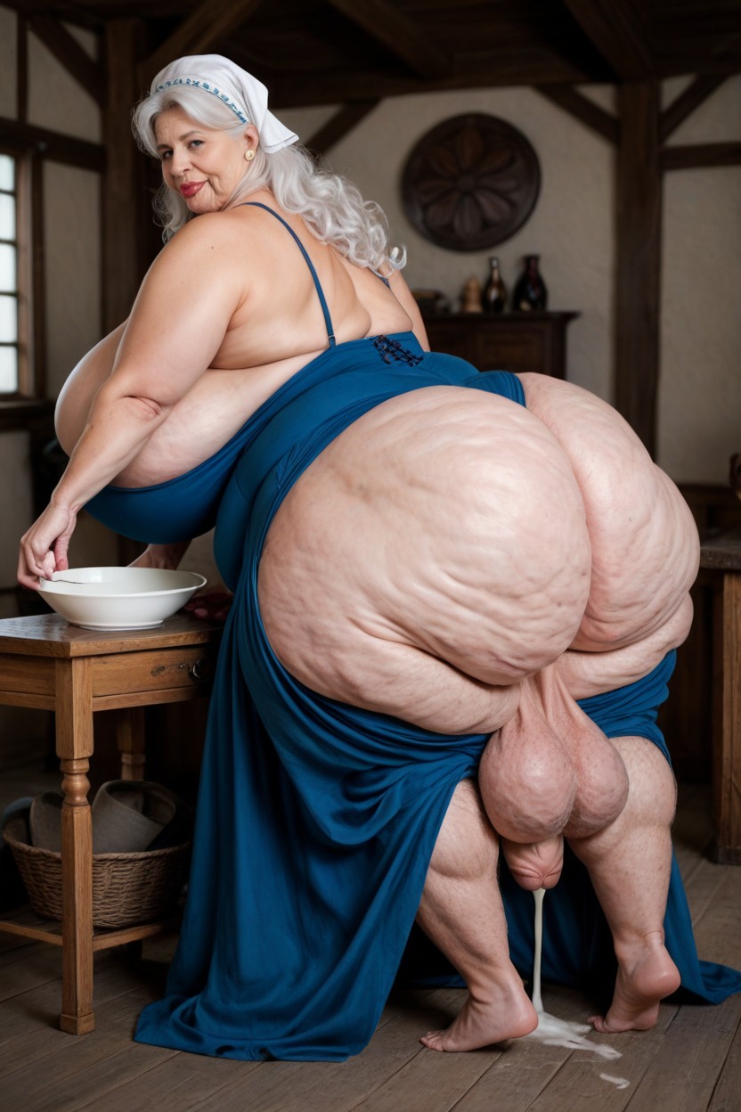 Hyper Hairy Body, Extremely Wide Hips, Sitting In Wooden Chair AI Porn