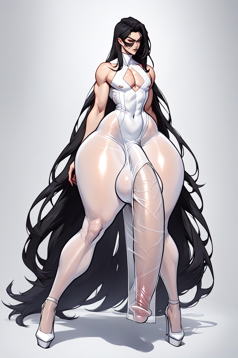 Visible Deep Dent In The Man Chest, White Platform High Heels, Man Very Dented Chest Travesti IA Pornô