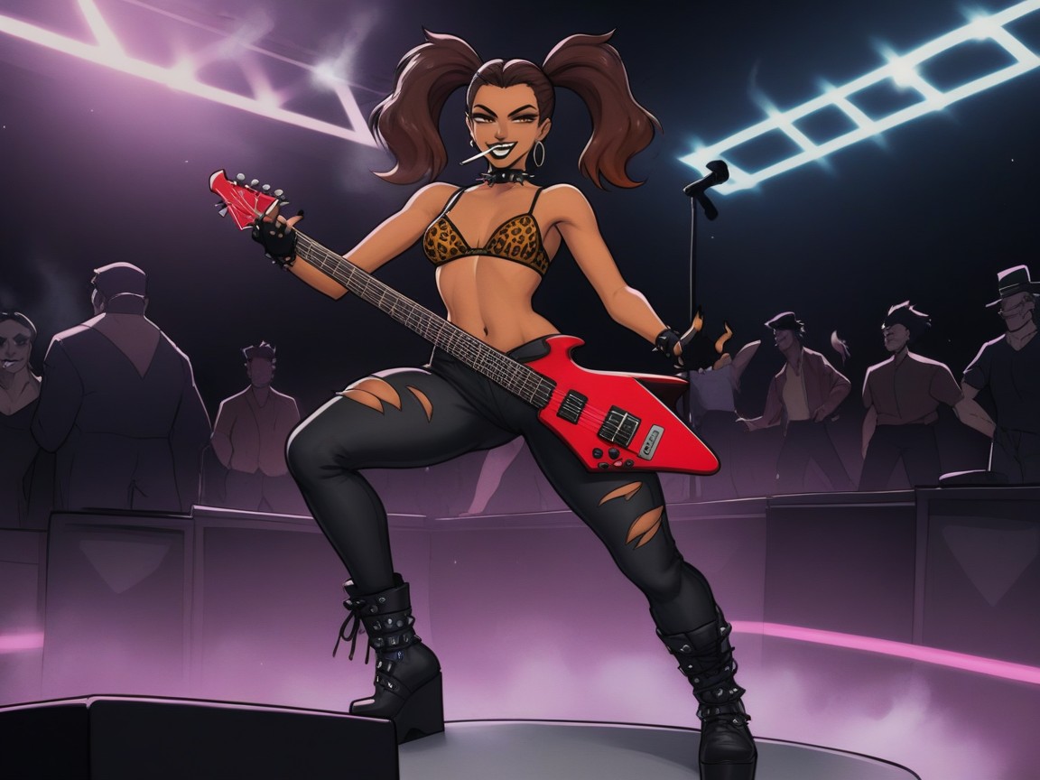 Woman Playing Electric Guitar, Neon Concert Hall Background, Gapped Thighs Porno IA Latina