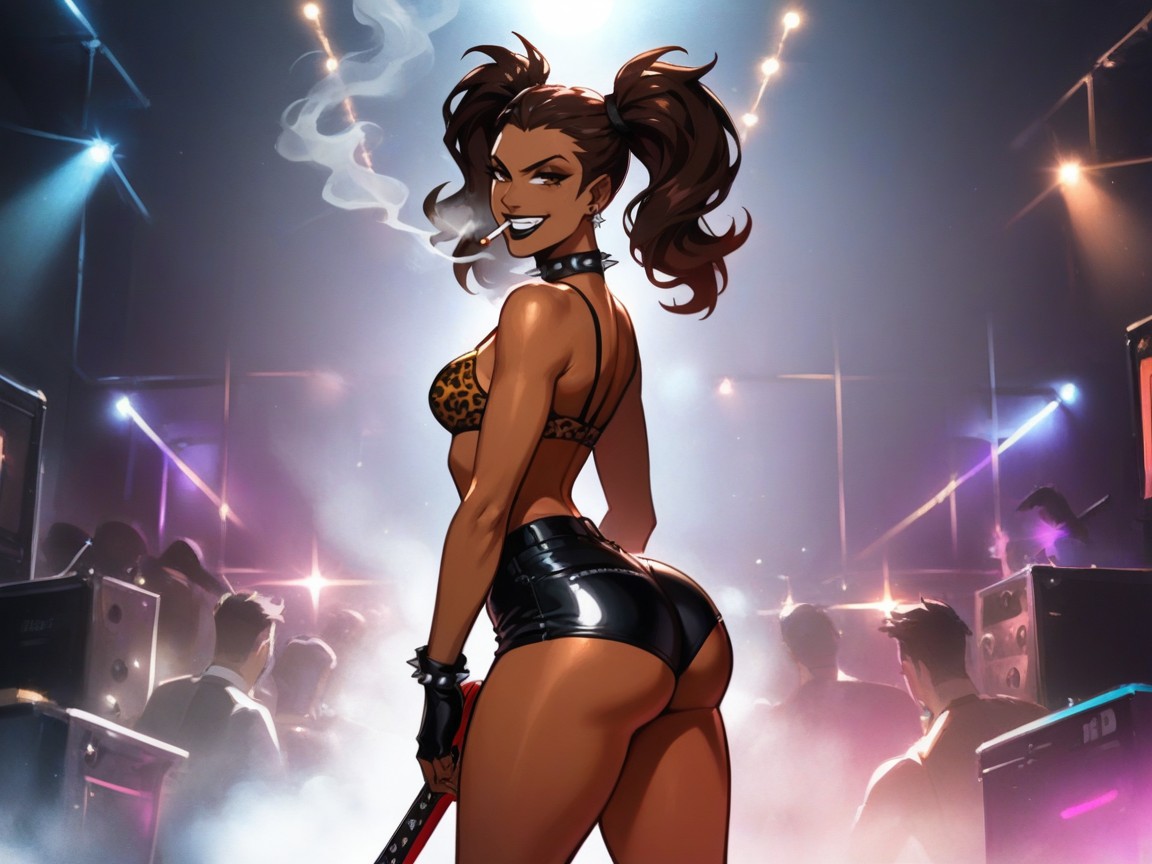 18+, Guitar Strap Across Chest, Neon Concert Hall Background Hentai AI Porn