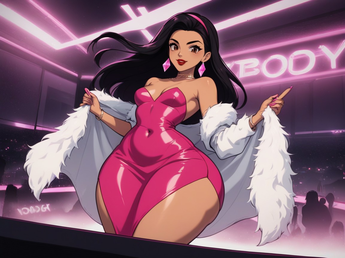 Sloped Shoulders, Wearing Pink And White Rock Band Clothes With Fur Trim, Long Length Latina AI Porn