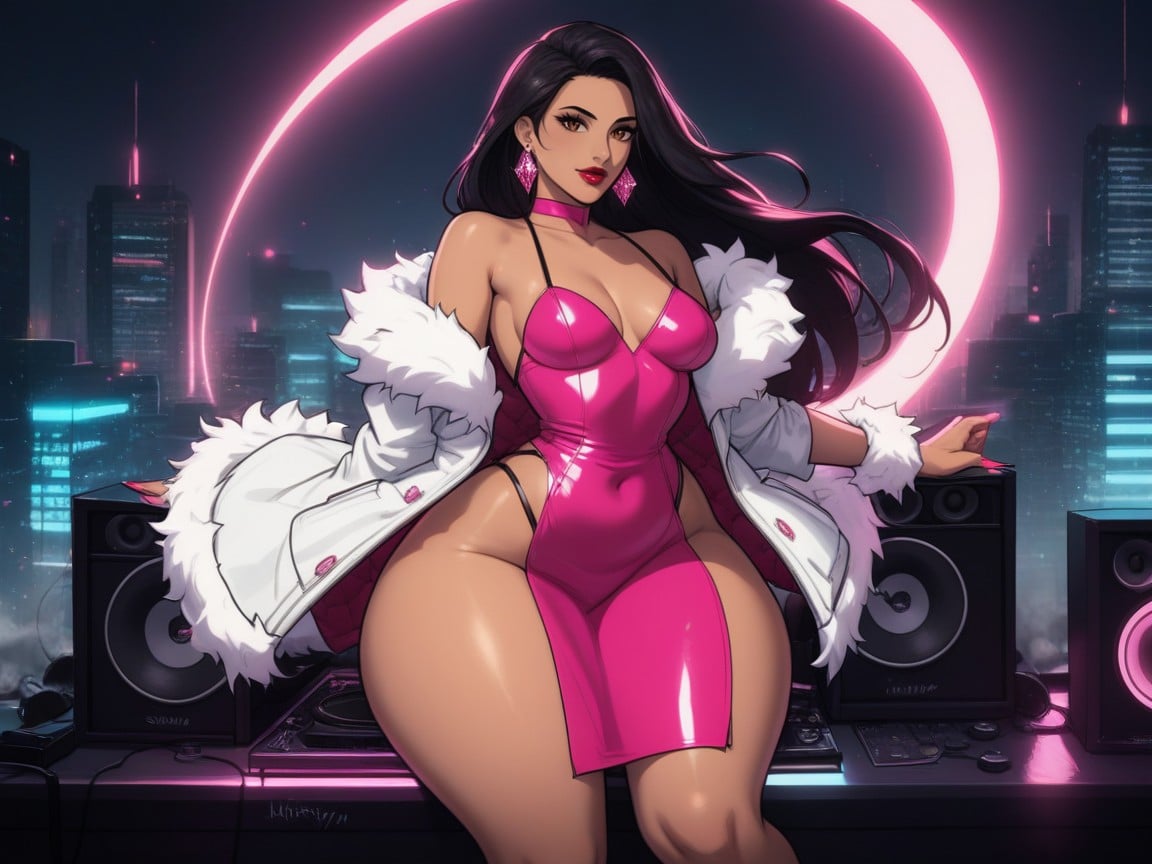 Pink Dress With High Slit, White Fur Jacket Off Shoulders, Rooftop Location Latina AI Porn
