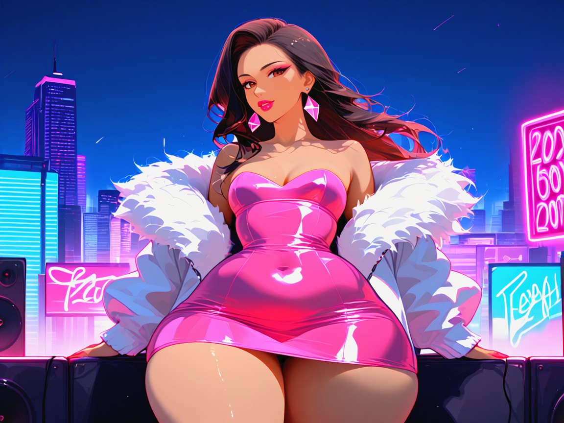 Straight, Neon Pink Music Notes In Background, Sloped Shoulders AI Porn