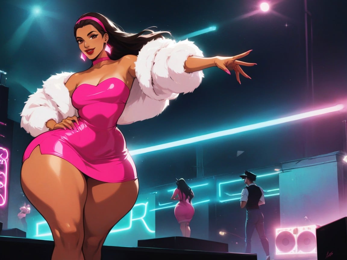 Speakers In Background, Rooftop Location, Woman Singing Into Neon Pink Dildo Hentai AI Porn