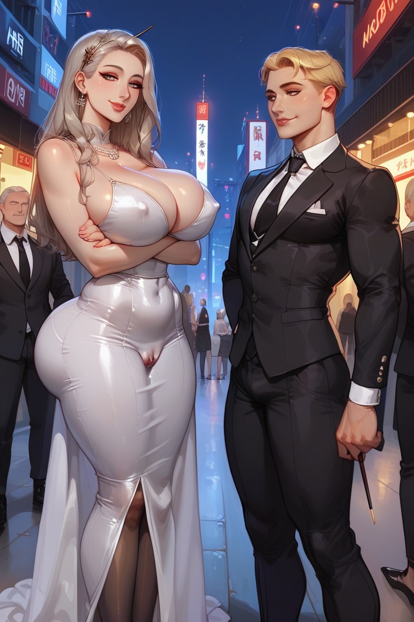 25+, Voluptuous, Wearing Tight Grey Dress AI Porn