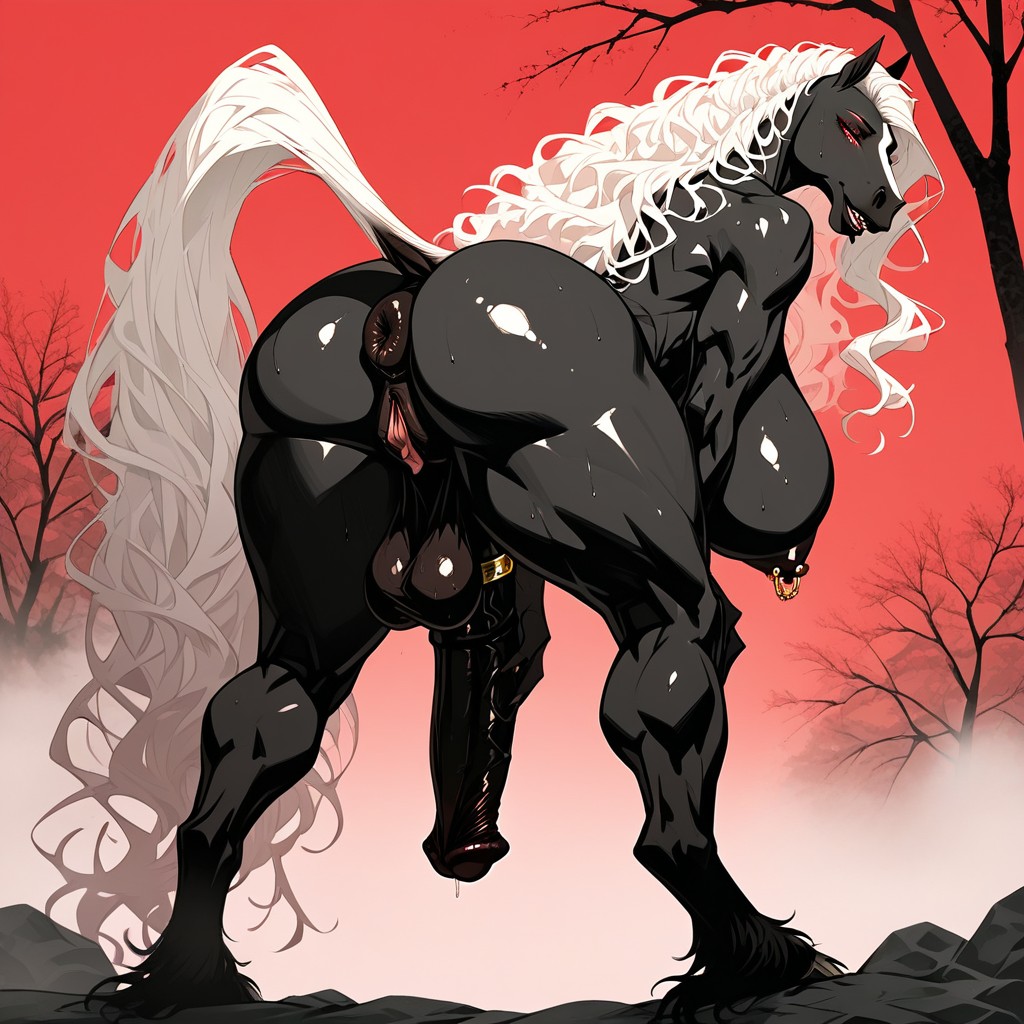 Anthrohorse Futanari, Detailed Onsen Setting, Long Sleek Snout Furry AI Porn
