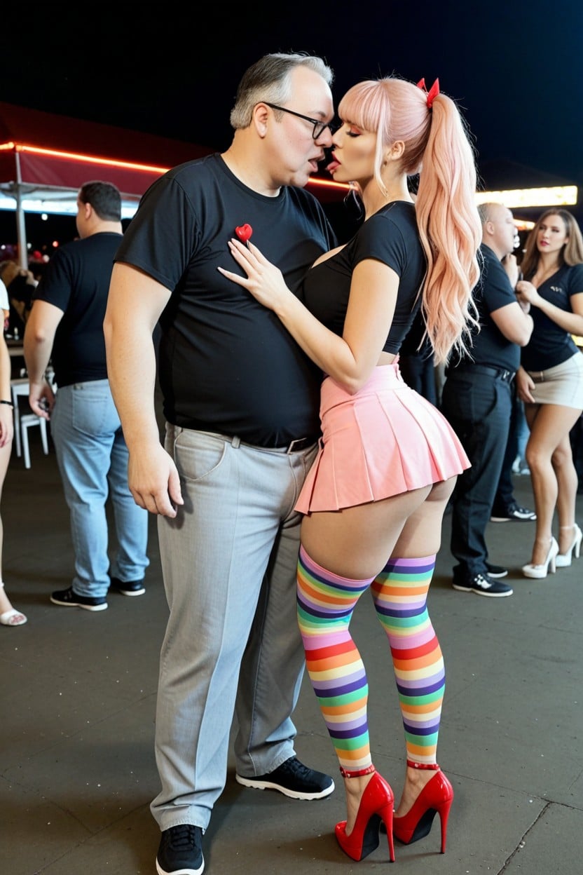 Pink Hair, Always Men Using Their Hands For Rubbing And Reaching Nude Women Breast, Rounded Breast AI Porn