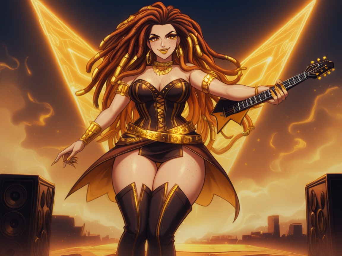 One Latina Woman, Low Torso Height, Gold Silk Corset With Slit Skirt Flowing 라틴 AI 야짤