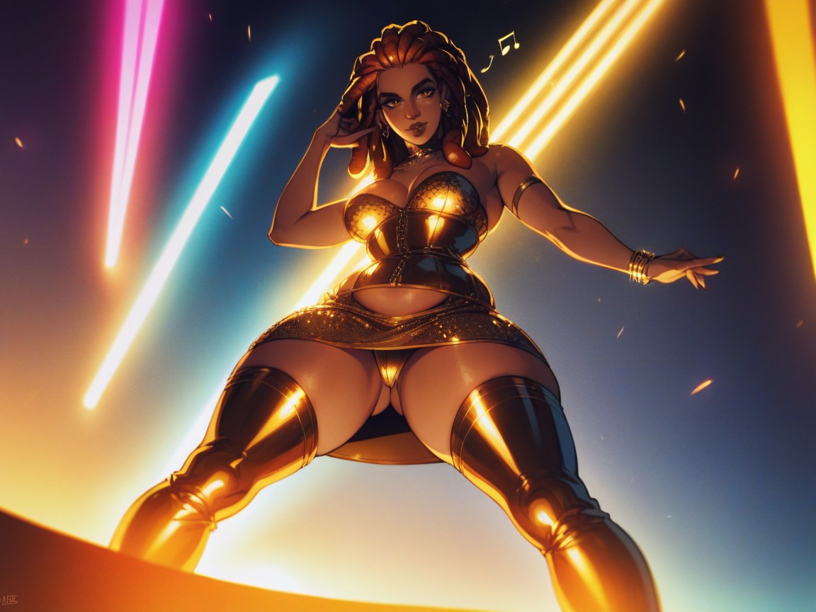 Wearing Gold Silk Rock Band Clothes, Woman With Wild Expression, Speaker Boxes And Amplifiers In Distance Hentai IA